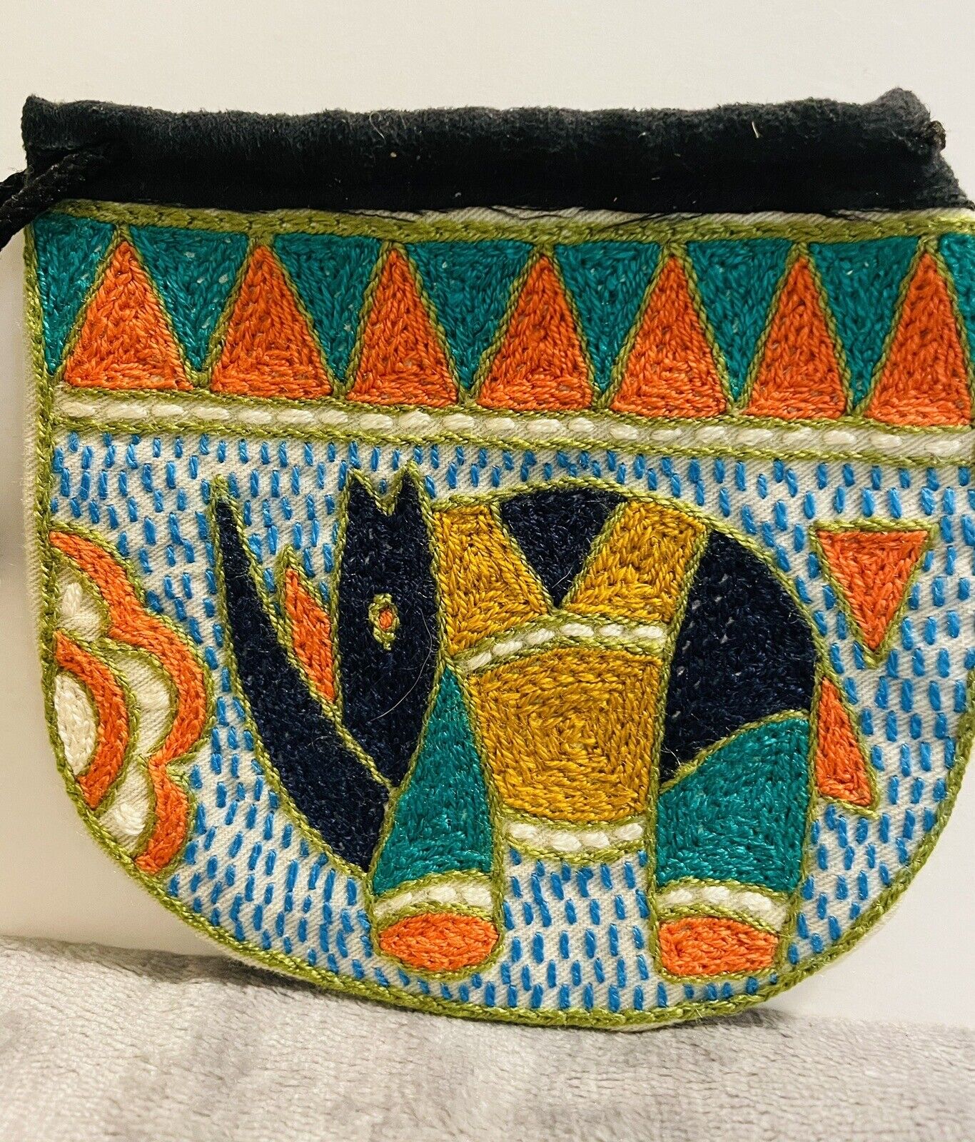 Beautiful Kaross Hand-Embroidered Draw-String Pouch Small Bag Runner Rhino NWT