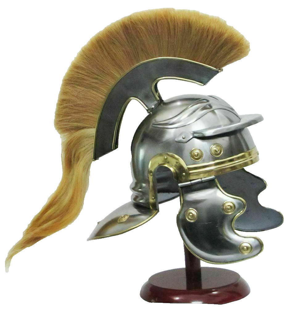Medieval Vintage 18 Gauge Roman Warrior Armor Golden Long Plume Helmet Replica