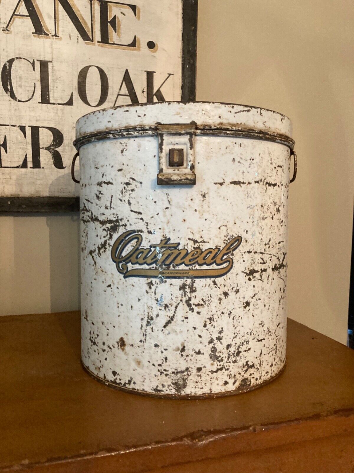 Antique Storage Tin Kreamer Ware Oatmeal Container - Large 11.5\