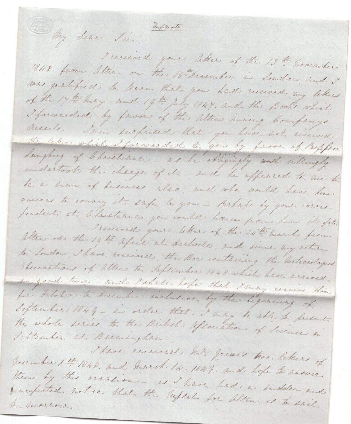 Astronomer John Lee Signed Letter 1849  / Autographed