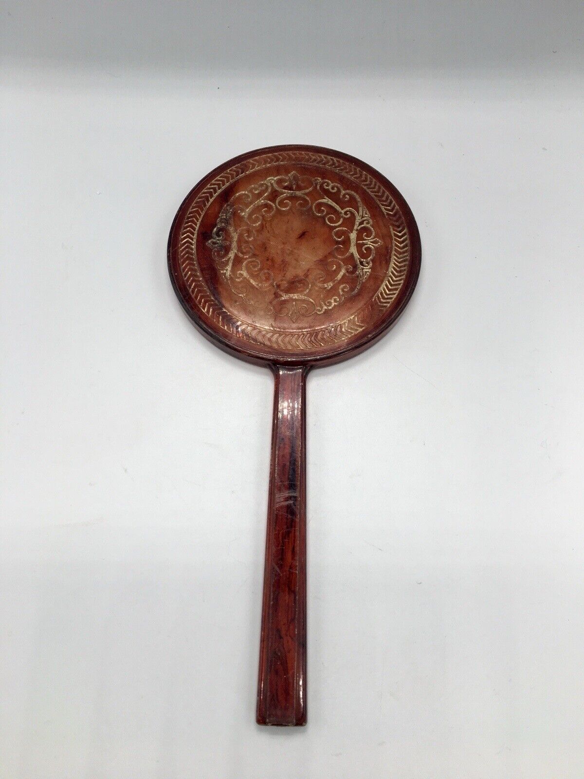 VTG 1950’s MCM Brown Celluloid Hand Mirror With Gold Etching. 10.5x5”