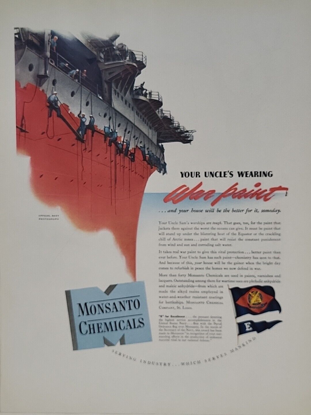 1942 Monsanto Chemicals Fortune WW2 Print Ad Q1 U.S. NAVY Destroyer War Paint