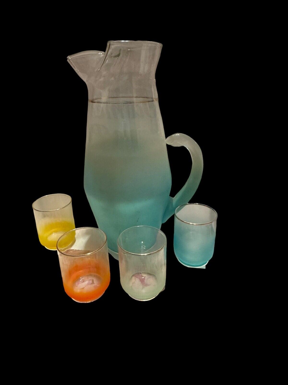 Vintage 50’s Blendo Big Mcm Frosted Pitcher And Colored Juice Glasses