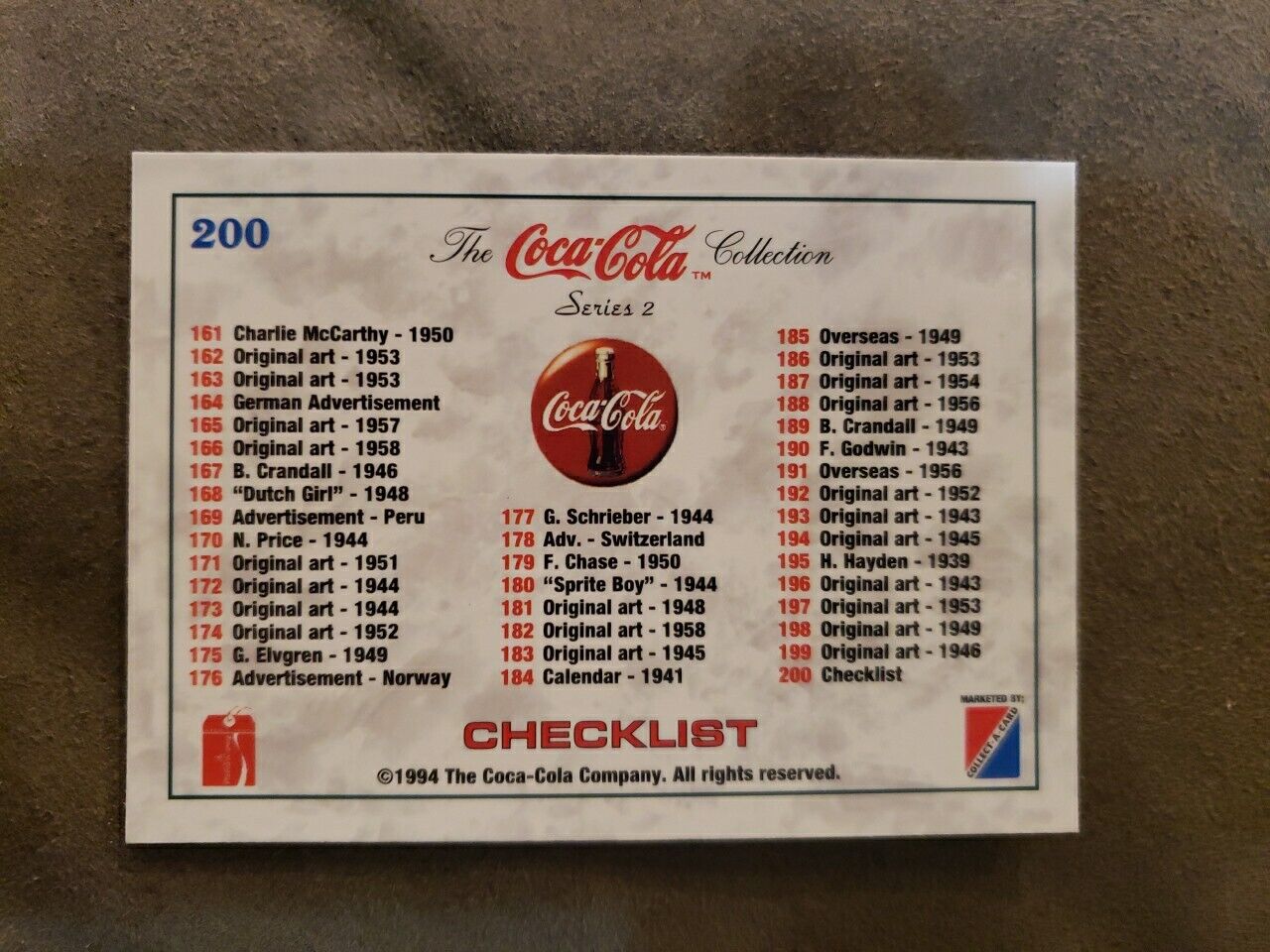  Coca Cola 1994 Collect-A-Card The  Collection Series 2 Checklist #200 