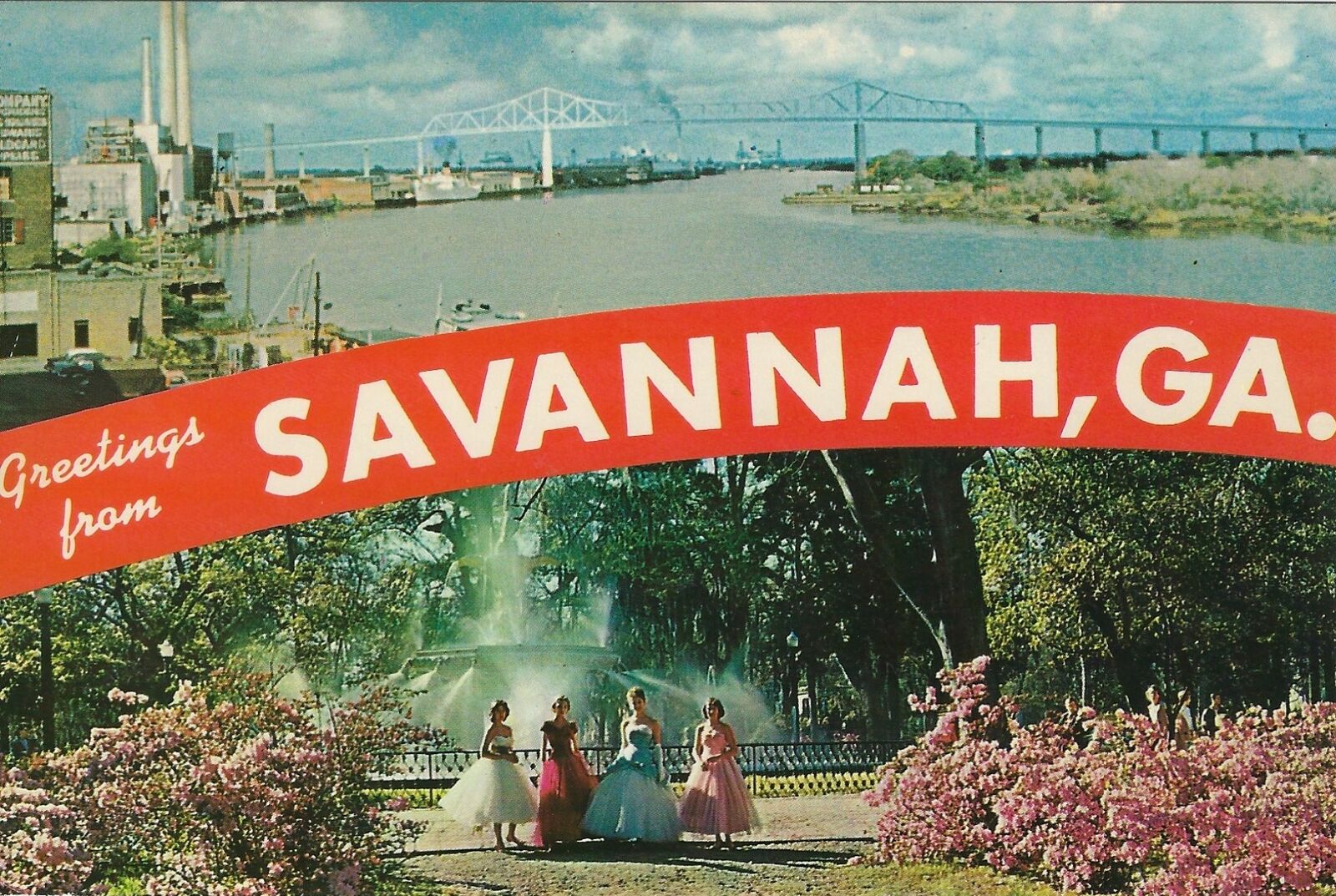 Greetings from Savannah GA, 70s Chrome Postcard, Forsyth Park