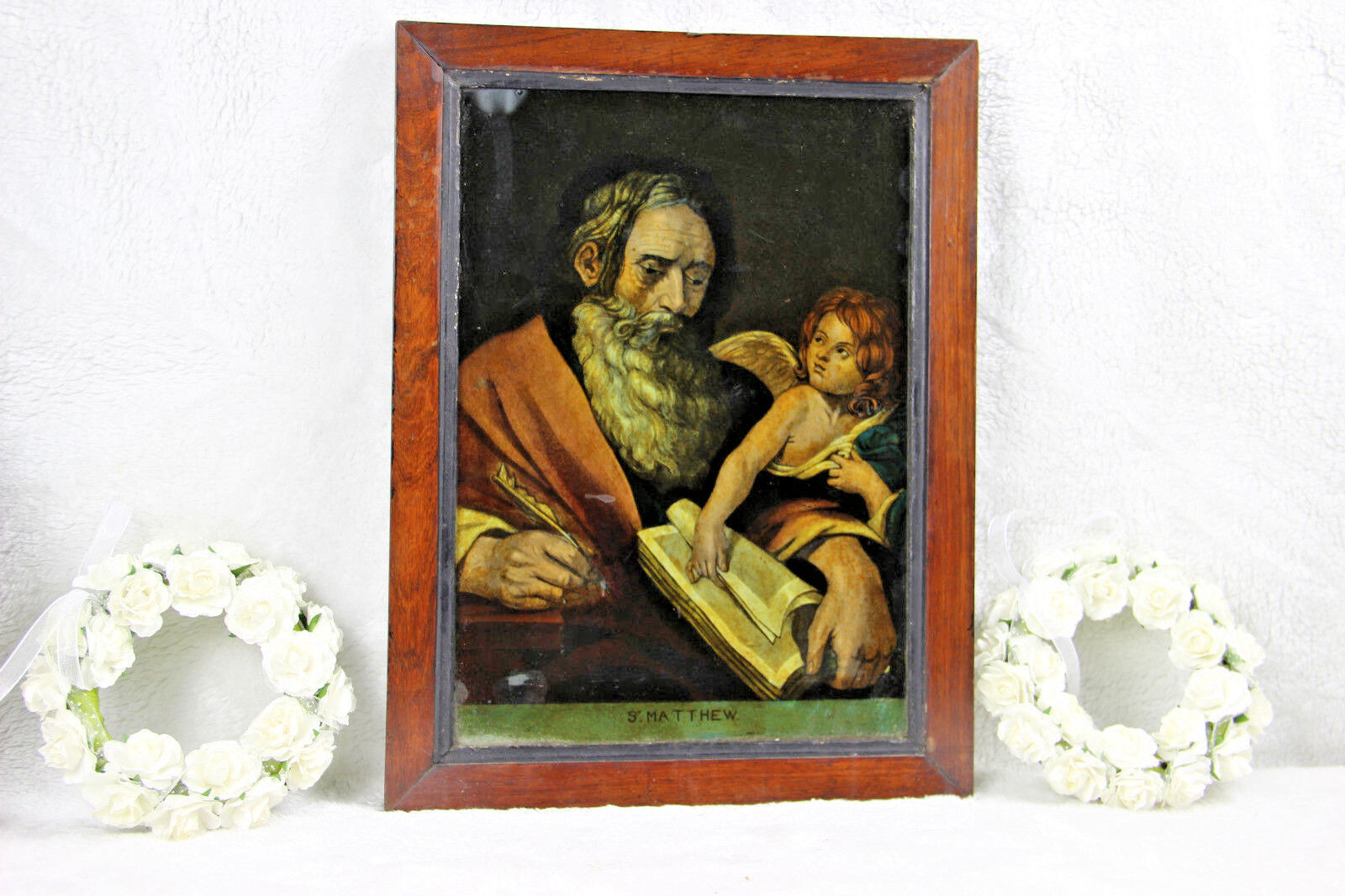 Antique 1880 religious Eglomise reversed mirror painting evangelist Matthew 