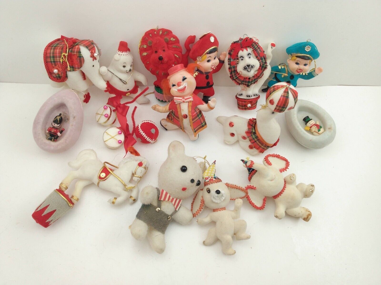 14pc Vintage Flocked Felt Circus Seals Clowns Lions Christmas Ornaments Japan
