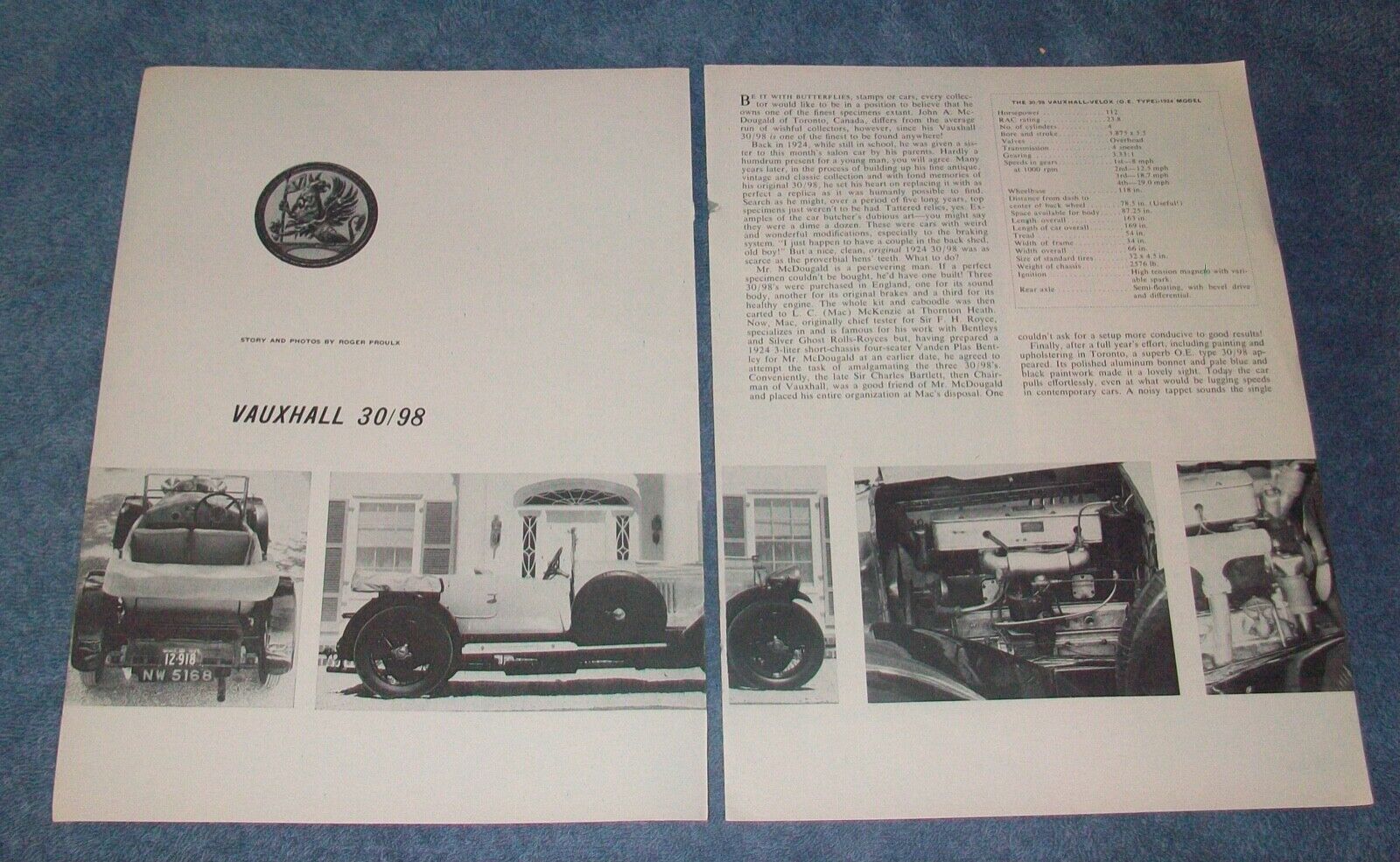 1924 Vauxhall Velox 30-98 O.E. Type Vintage History Info Article \