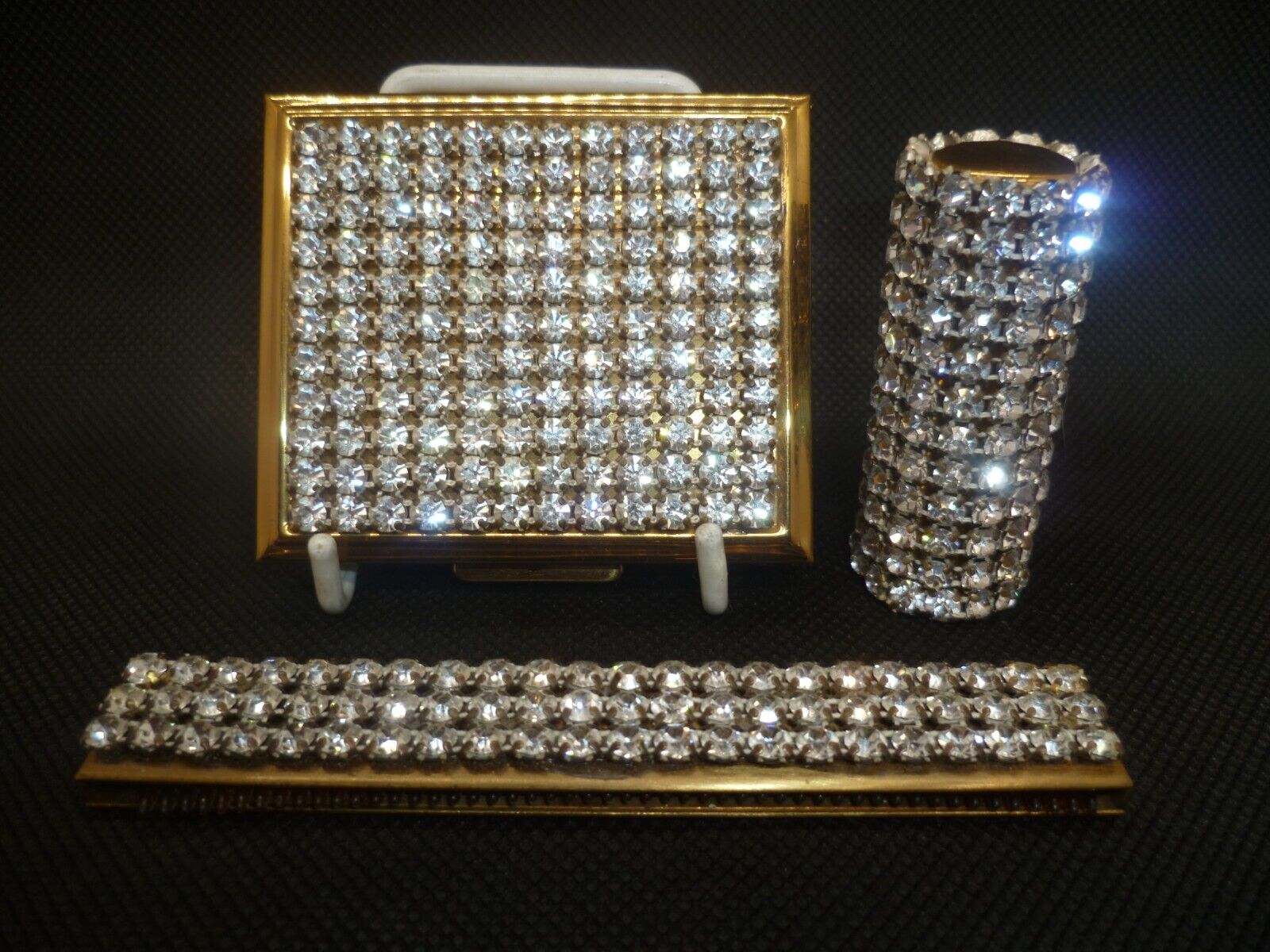 Diamante Rhinestones Powder Compact, Lipstick & Comb Set