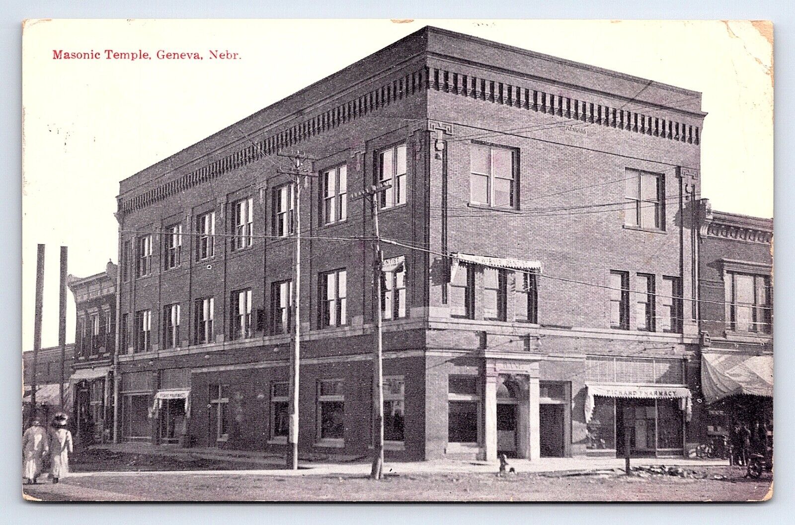 Postcard Geneva Nebraska NE Masonic Temple & Pharmacy Storefront c.1910s