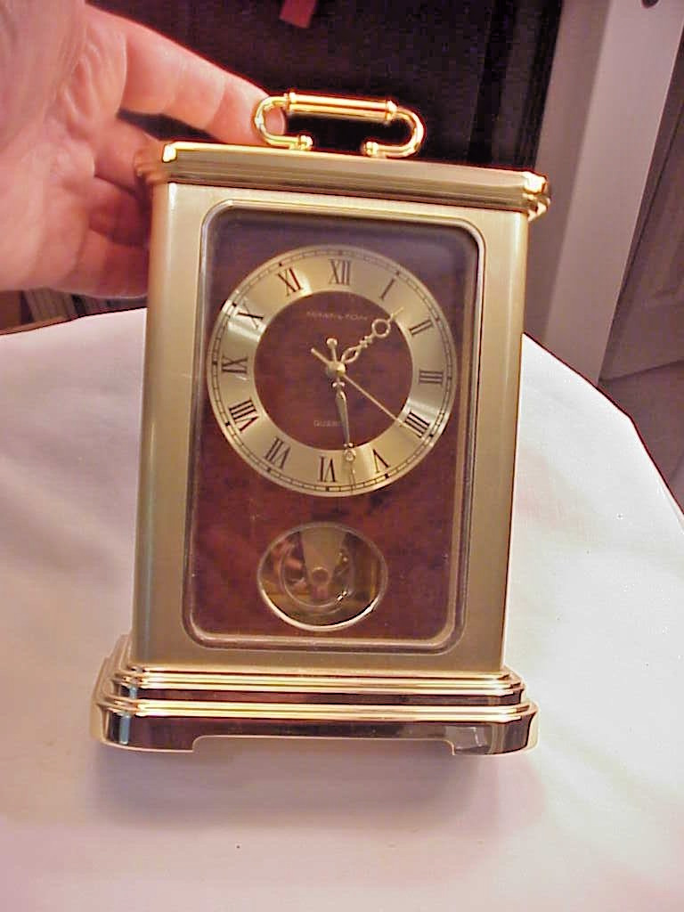 Vintage Gold Tone Hamilton Carriage Quartz Clock Japan w Spinning Gear Runs fine
