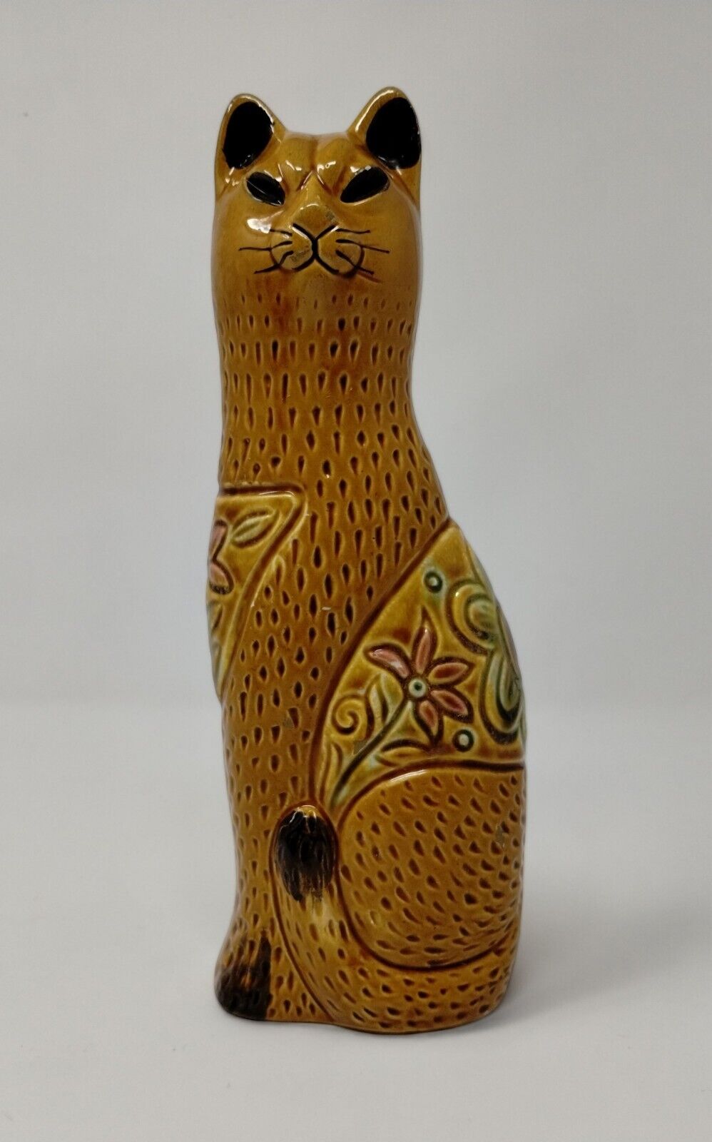 VTG Tall Cat Figurine Siamese Butterscotch Flower Child Ceramic 70's Whimsical