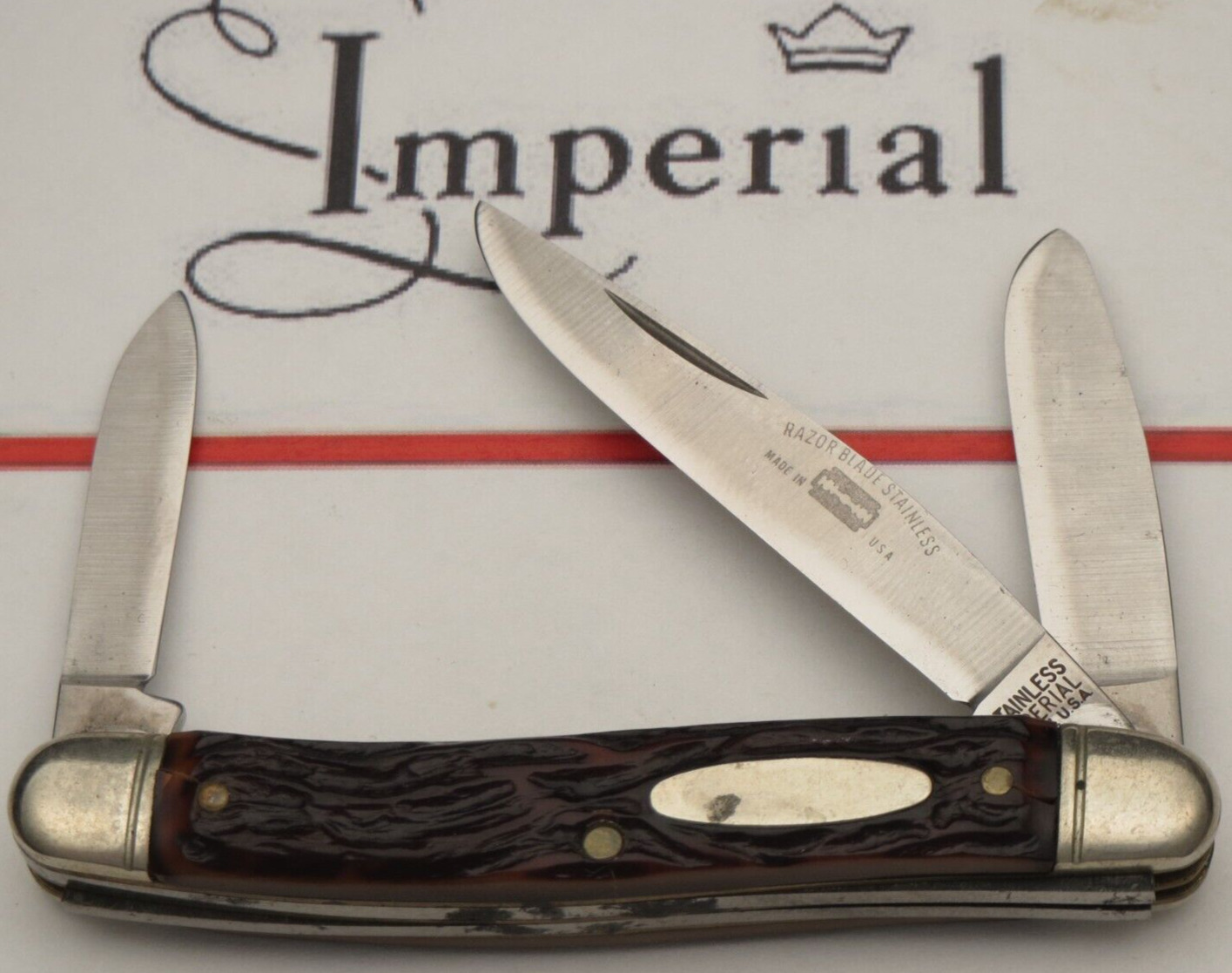 Vintage Imperial RAZOR BLADE STAINLESS Small Stock Knife Jigged Delrin Handles