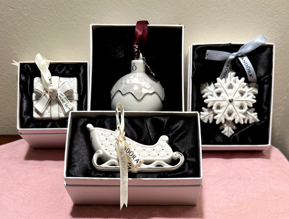 Pandora White Ornaments - Lot of 4 - In Boxes - Snowflake/Round/Sleigh/Present