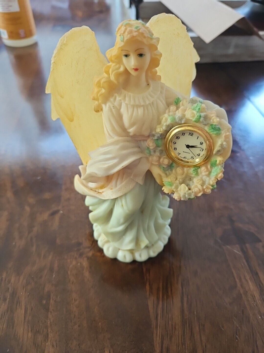 Vintage Pastel Angel Figurine Holding Flowers And Clock 