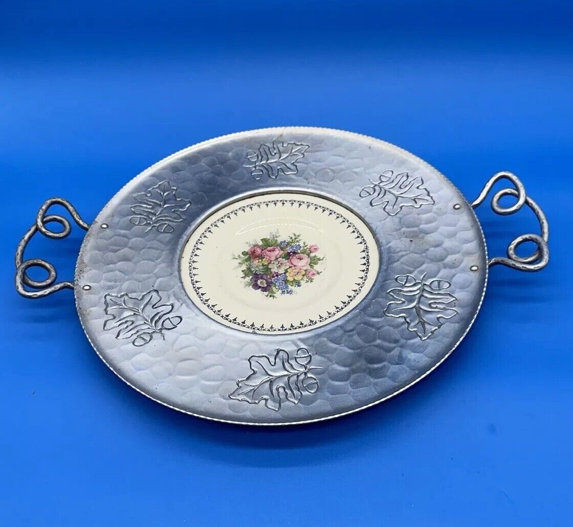 Vintage Round Keystone Embossed Aluminum Handled Tray W/ 22K Silver China Plate