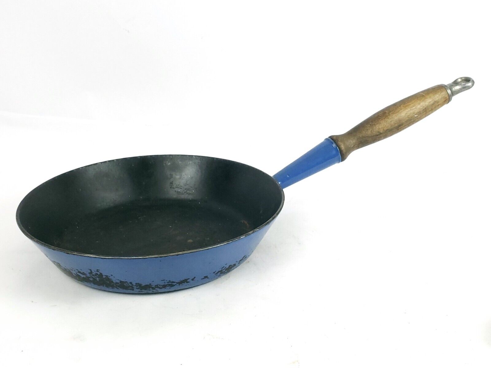 Vintage Le Creuset #24 Blue Enameled Cast Iron 9.5”Skillet Fry Pan Wood Handle