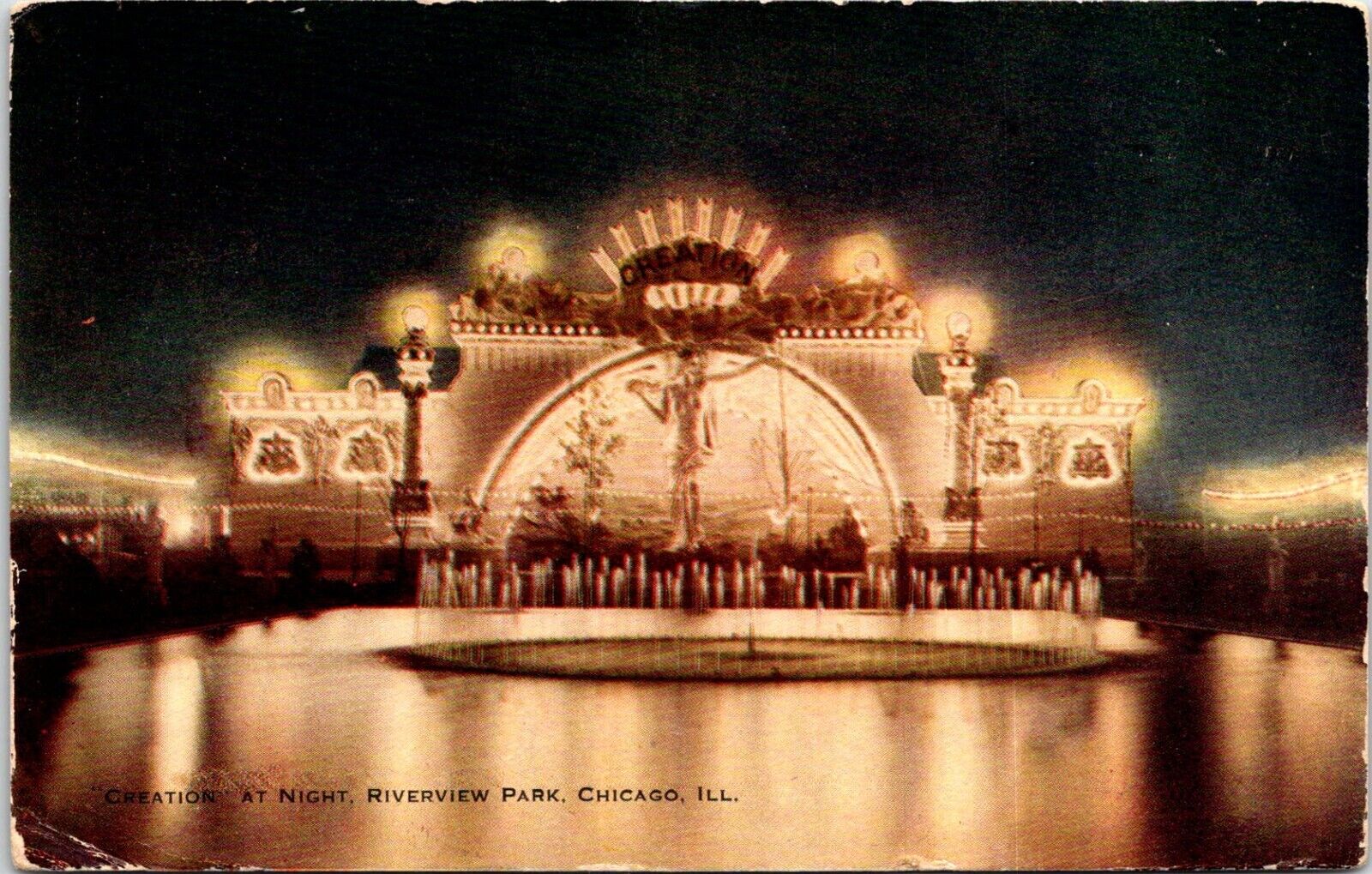 Postcard 1911 Riverview Park Night Creation Fountain Chicago Illinois D17