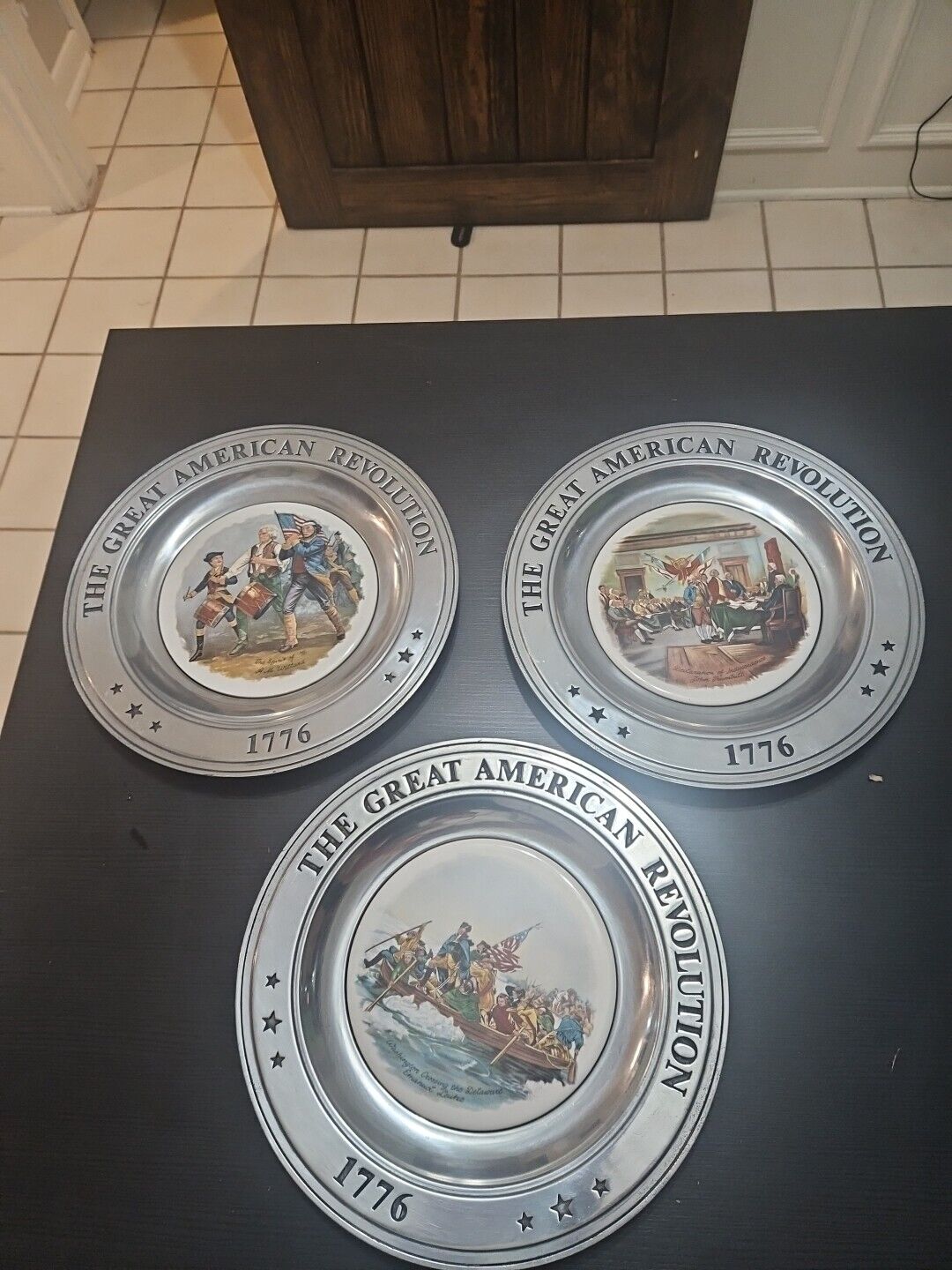 THE GREAT AMERICAN REVOLUTION 1976 PEWTER PLATES SET OF 3 CANTON OHIO 10 5/8”