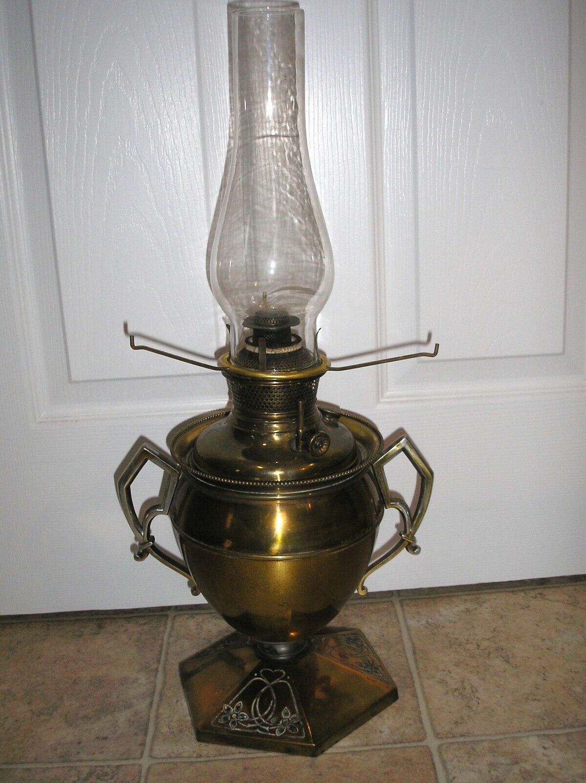 Antique B&H Bradly & Hubbard Engraved Brass Oil Lamp