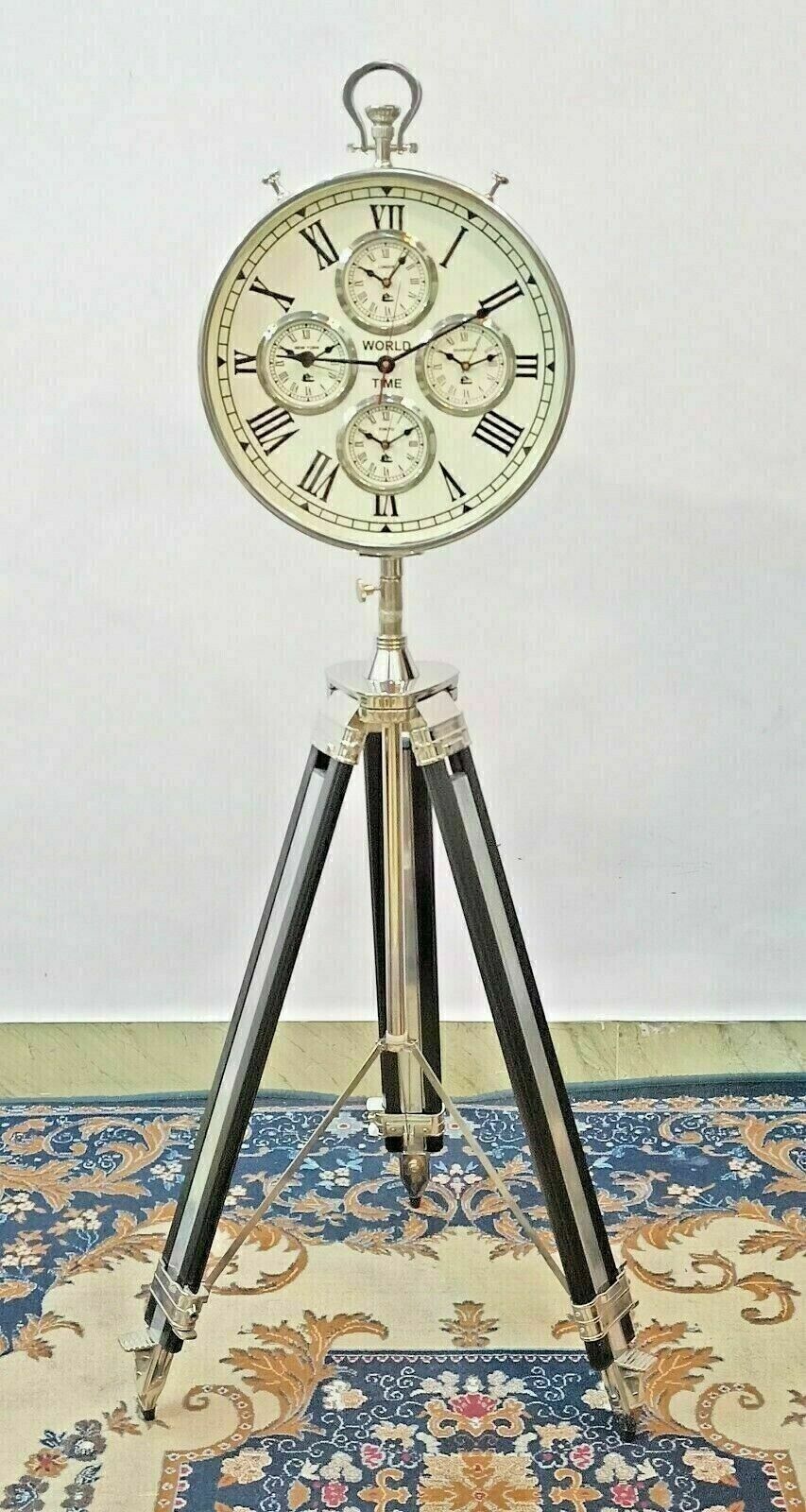 World Time Clock Brass Black Chrome Adjustable Tripod Stand Home/Office Decor