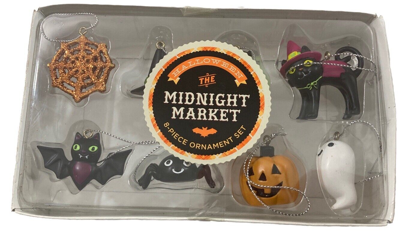 Halloween mini Ornaments set of 8 NEW by The Midnight Market...cat, pumpkin, bat
