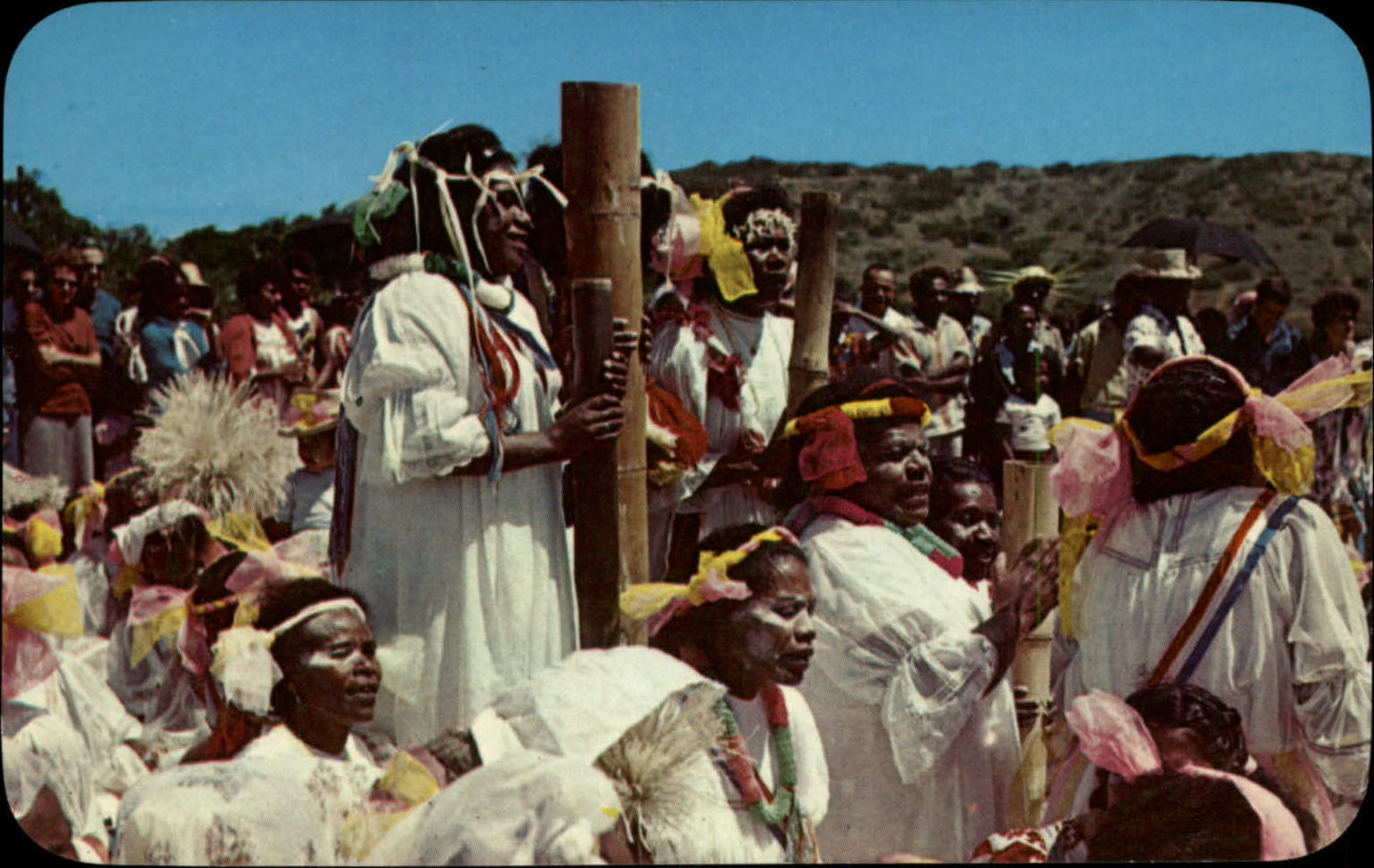 Noumea New Caledonia ~ Pilou-Pilou drums ~ native costume ~ 1960s postcard