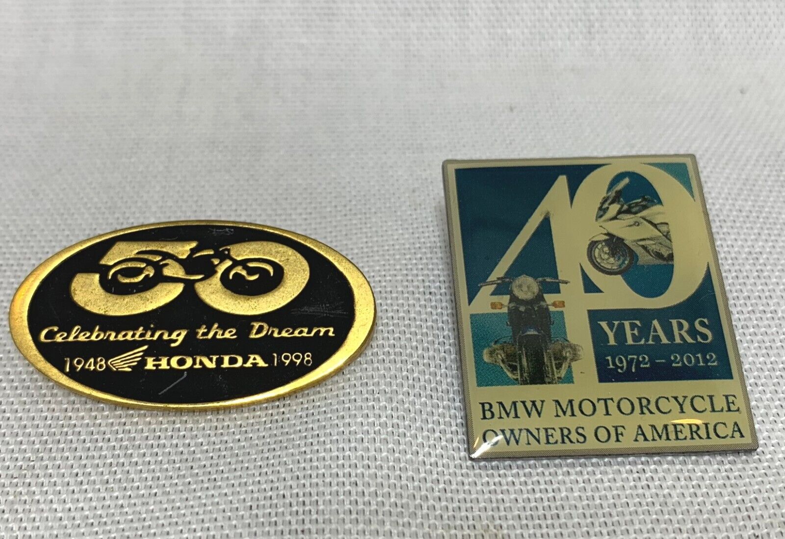 2 Vintage Motorcycle Pins 1998 HONDA 50 Years, 2012 BMW 40 Years Anniversary