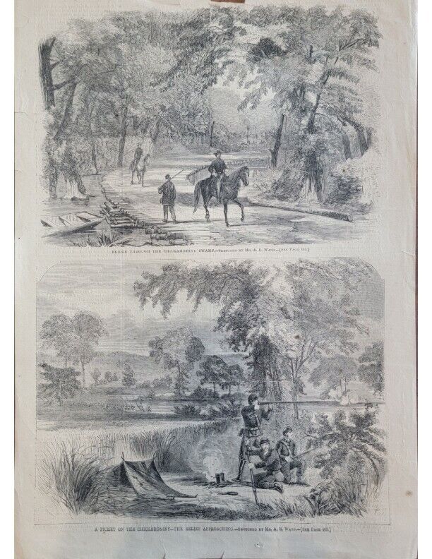 Chickahominy Swamp 1862 Harpers Weekly Civil War AR Waud Wood Block Engraving
