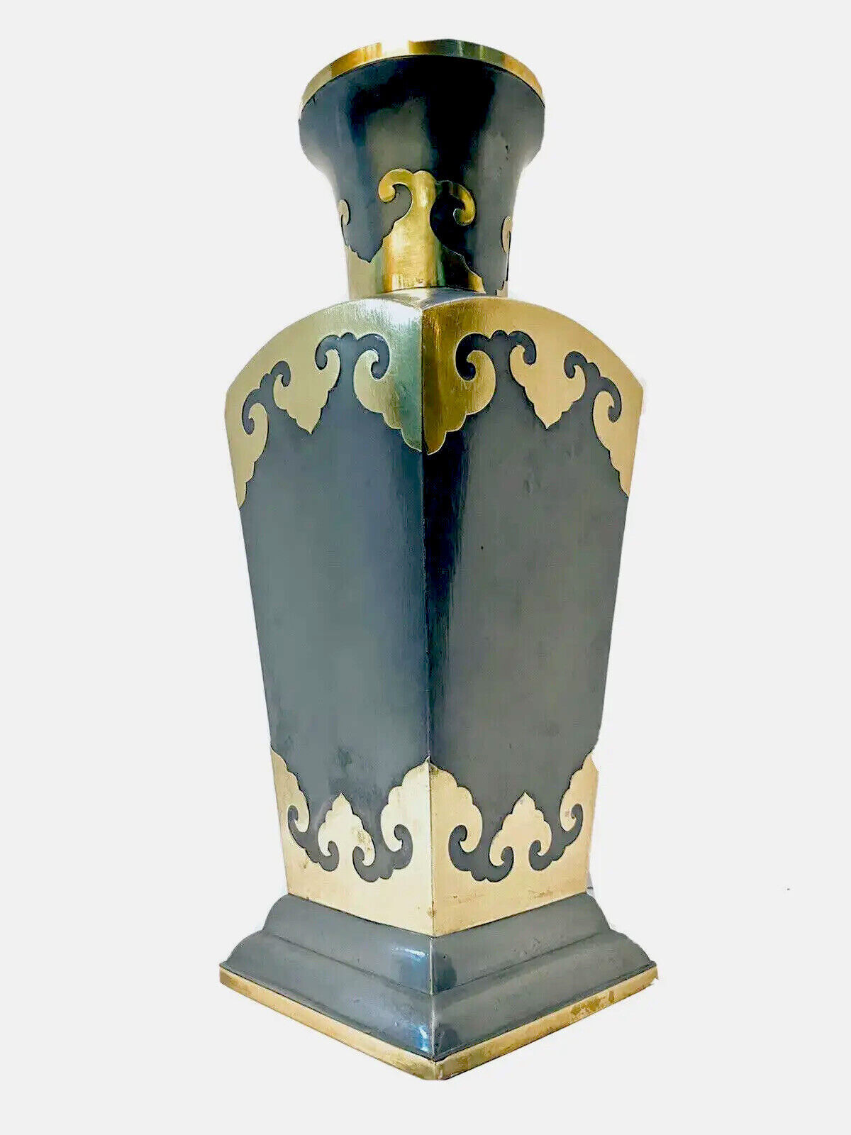 Vintage 18” Hong Kong Solid Pewter & Brass Square Mixed Metal Vase c.1960s