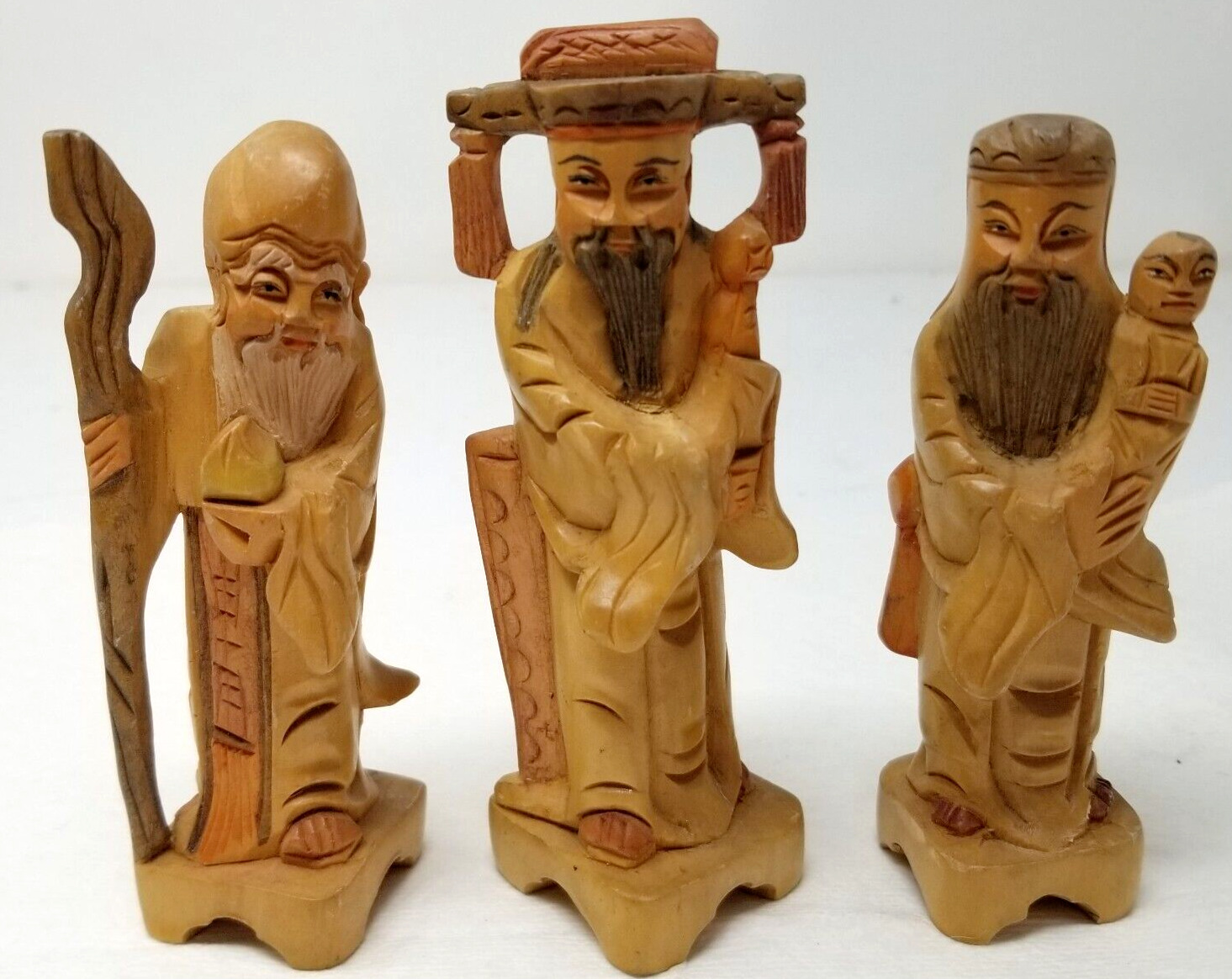 Asian Bearded Older Men Figurines Hand Carved Boxwood Staff Infant Small Vintage