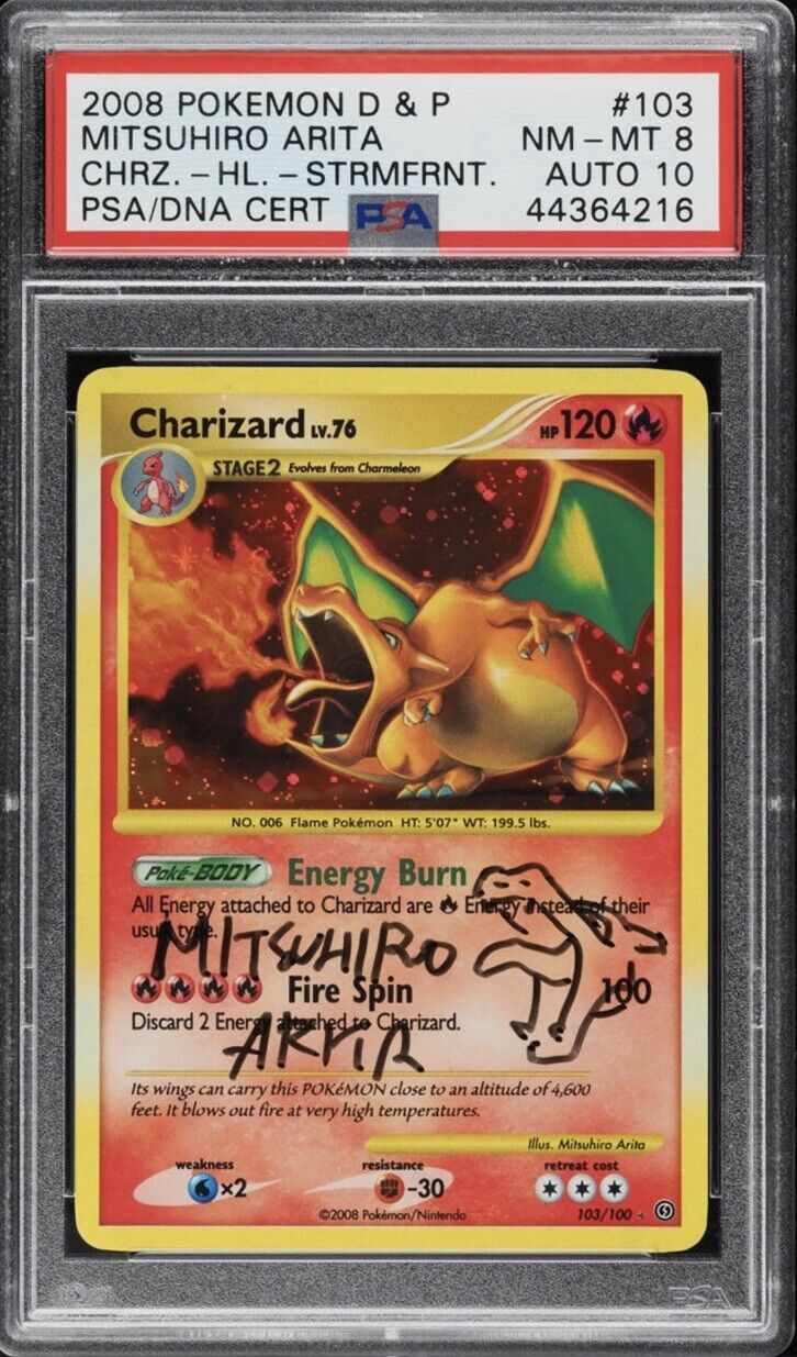 Pokemon Card PSA 8 Charizard Stormfront Sign Sketch Mitsuhiro Arita AUTO PSA 10