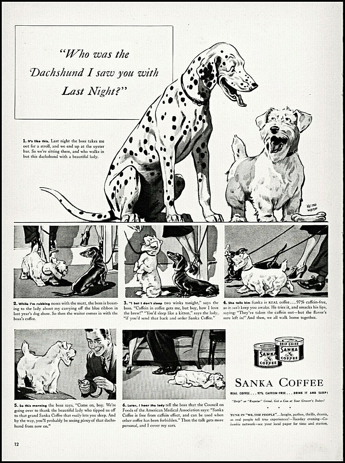 1939 Sanka Coffee Talking Dalmatian Dogs Dachshund vintage art print ad L70