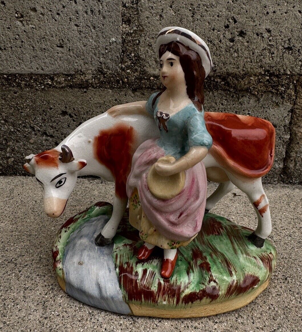VTG Antique Staffordshire England Pottery Milk Maid Girl and Cow Figurine Figure