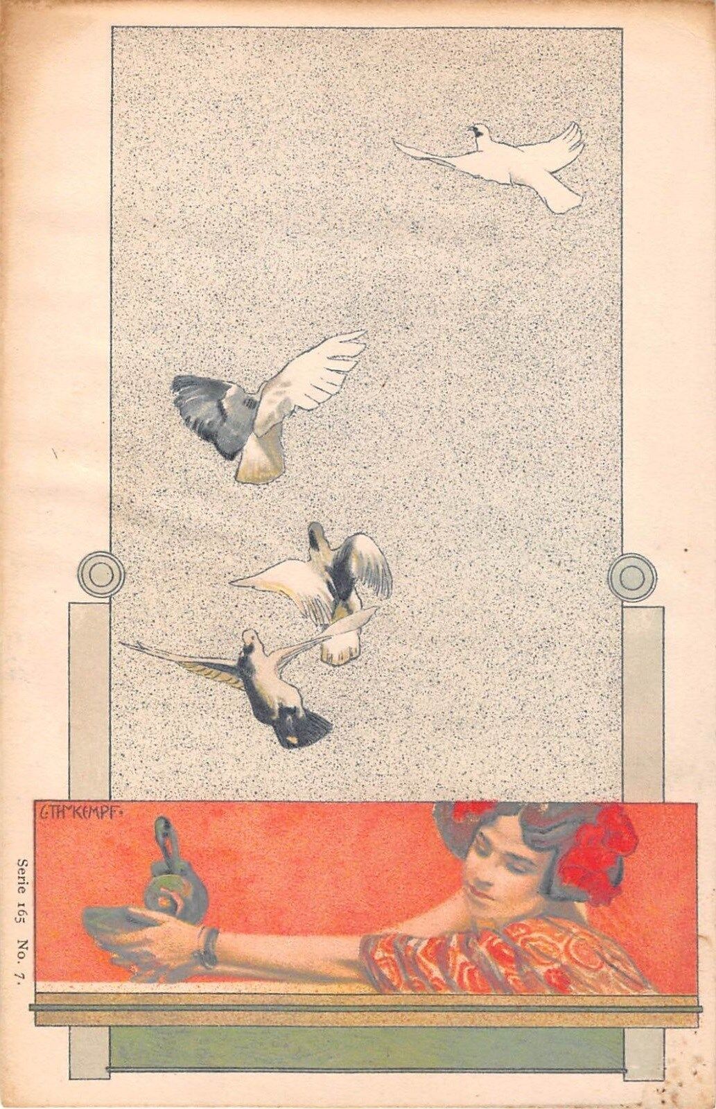 c.1905 sgd. Kempf Art Nouveau Girl & Doves post card