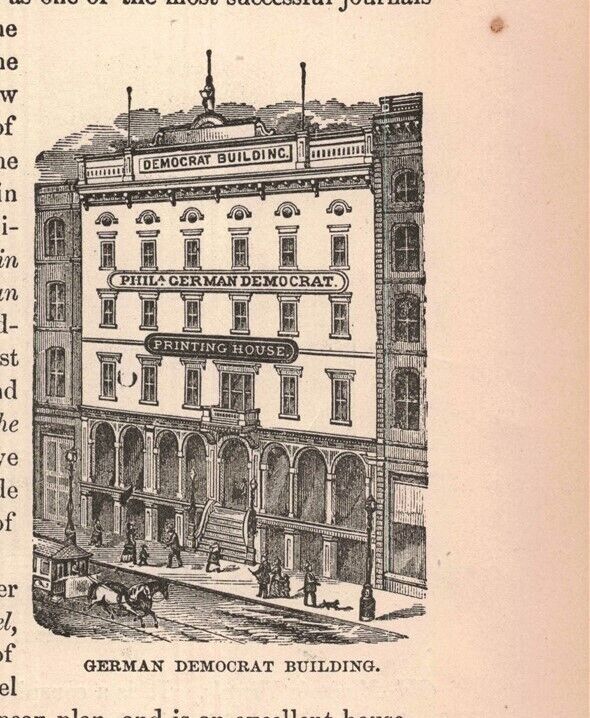circa 1876 Victorian German Democrat Building Guy's Hotel Engraving 2T1-57b