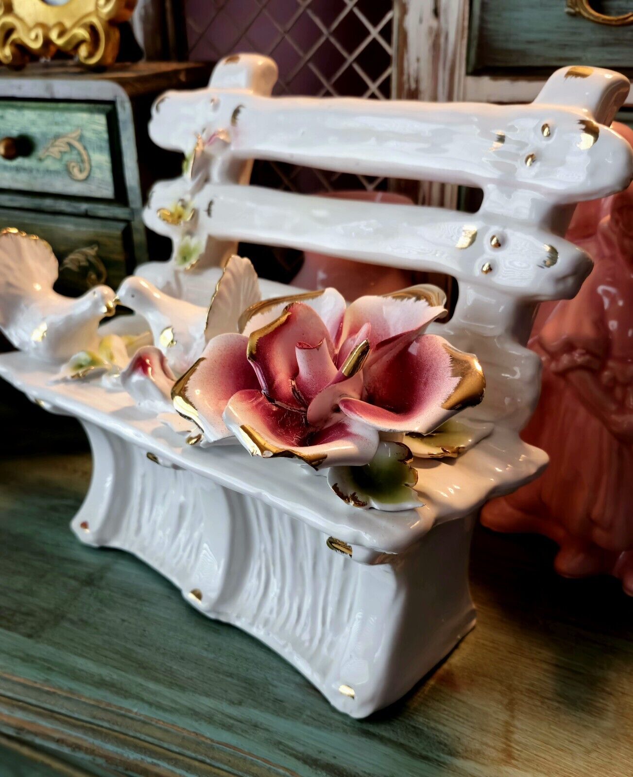Vintage Shabby Chic Porcelain Bench With Roses And Birds-READ
