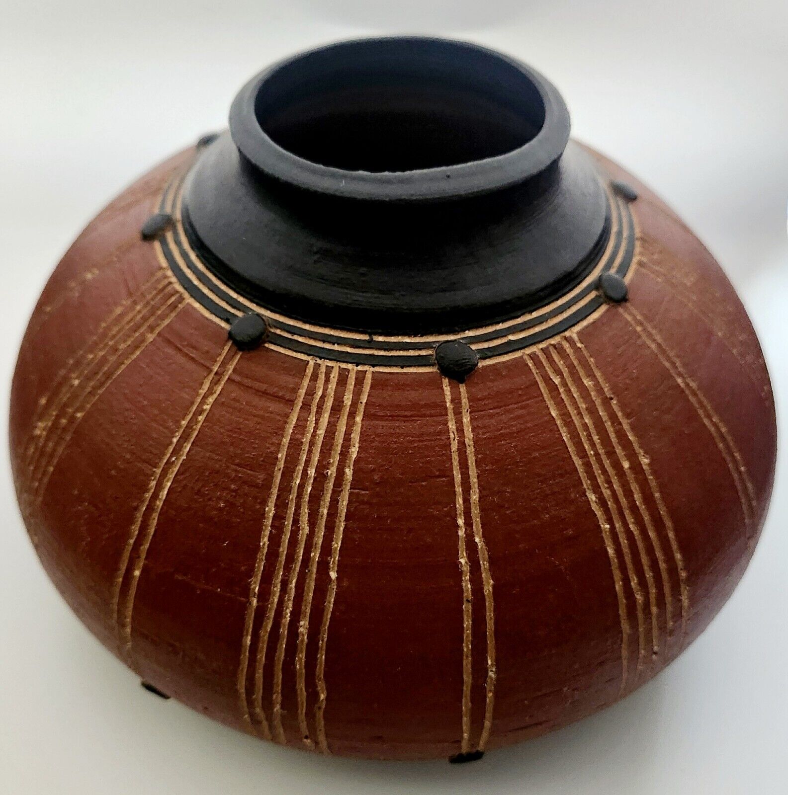 Vintage Indian Clay Etched/ Embellished Pot/ Vase Signed