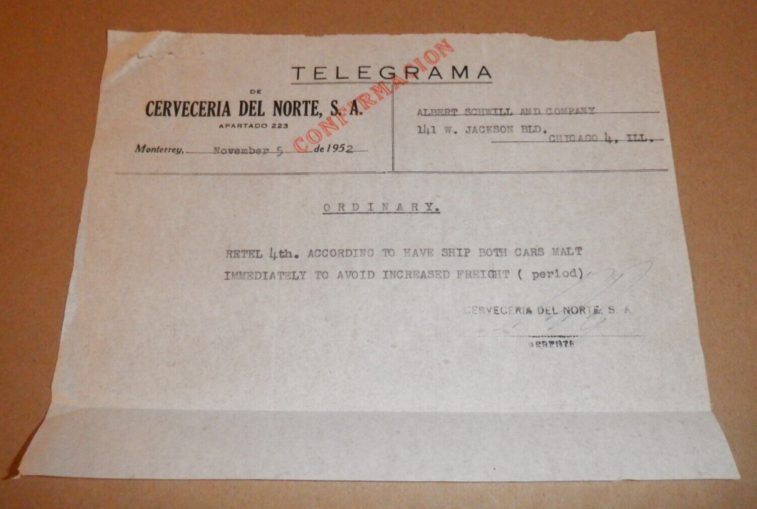 1952 CERVECERIA DEL NORTE MEXICO TELEGRAM ALBERT SCHWILL BEER CERVEZA MONTERREY