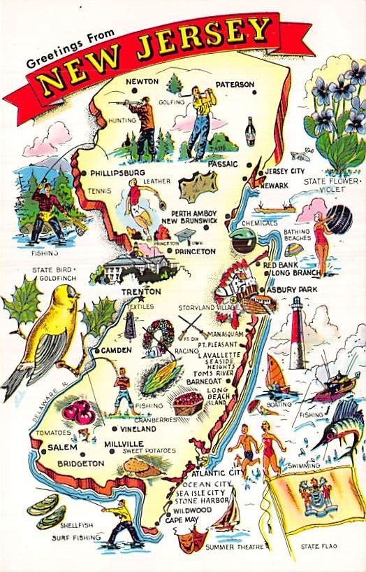 Postcard NJ: Greetings from New Jersey, Map, 1950\'s, Unposted