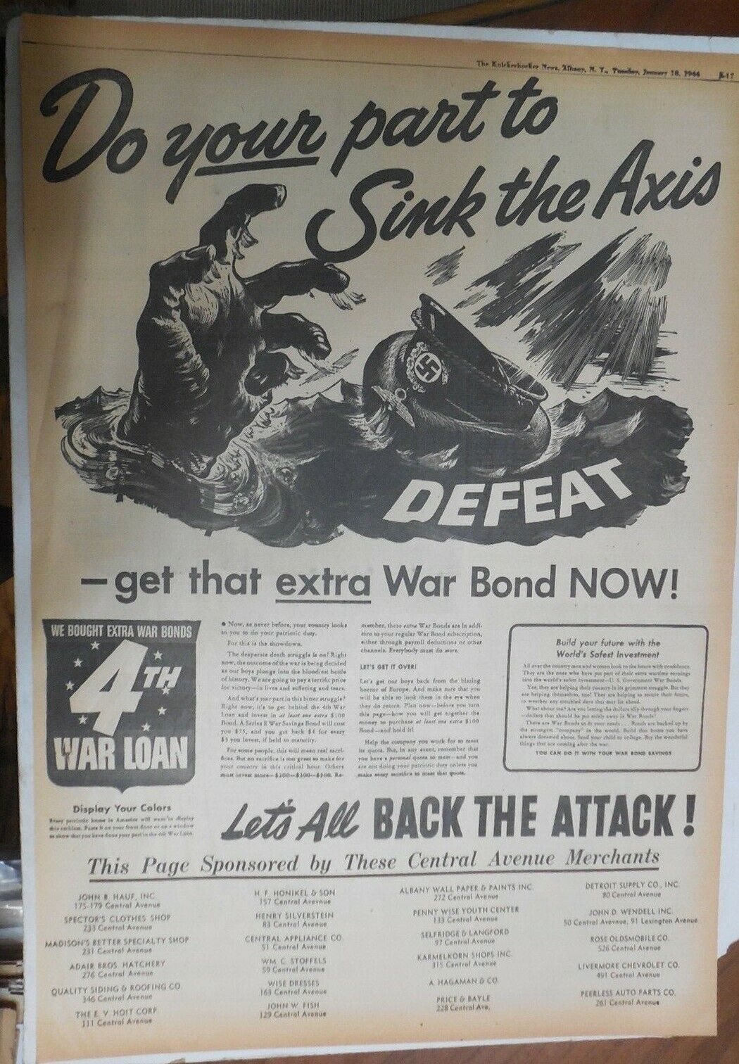 World War Two Ad: Do Your Part To Sink The Axis  from 1944 Size: 15 x 22 inches