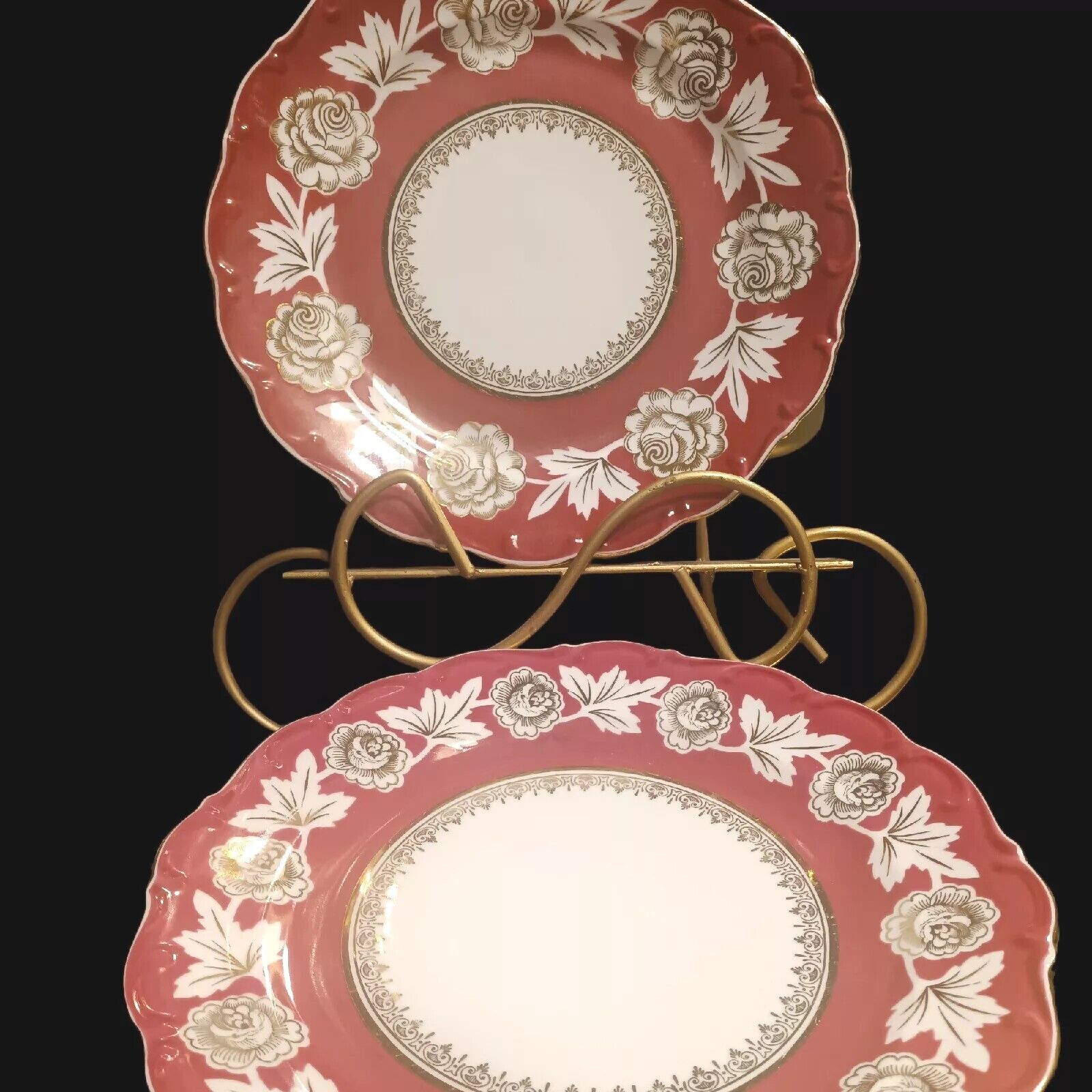 Vintage Antique 4 Schumann Bavaria Dinner Plates White Flower~Rosyred Gold Trim