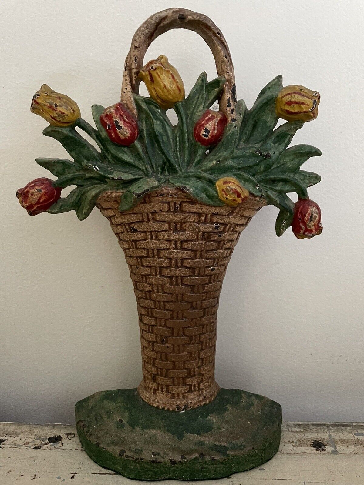 RARE Antique Hubley Cast Iron Floral Basket of Tulips Doorstop