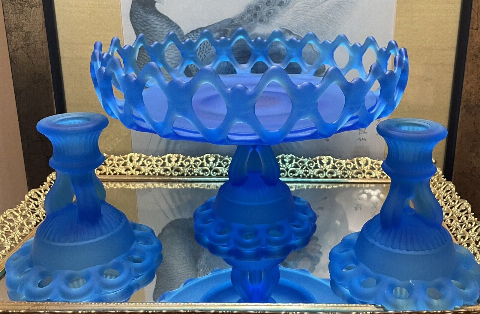 vintage frosted blue Westmorland glass console set