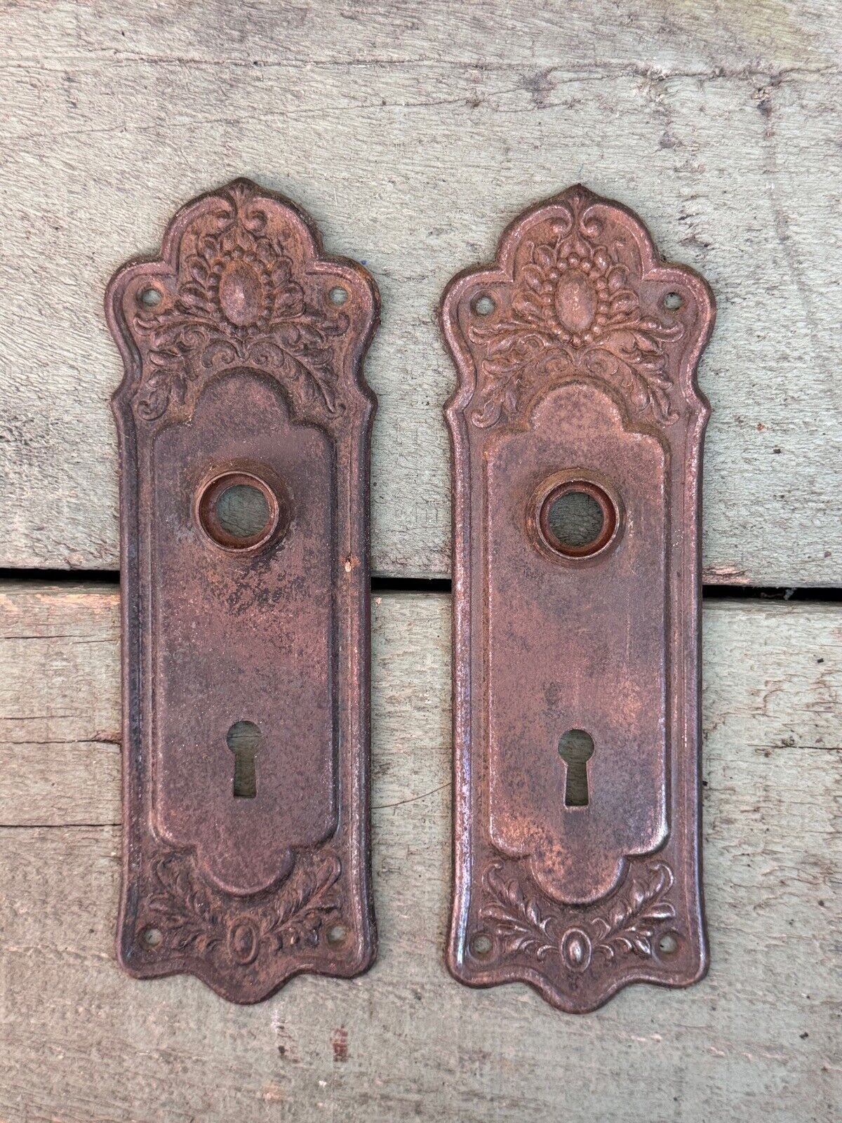 Vintage Pair c.1920\'s Victorian Art Deco Pressed Tin Door Handle Plates