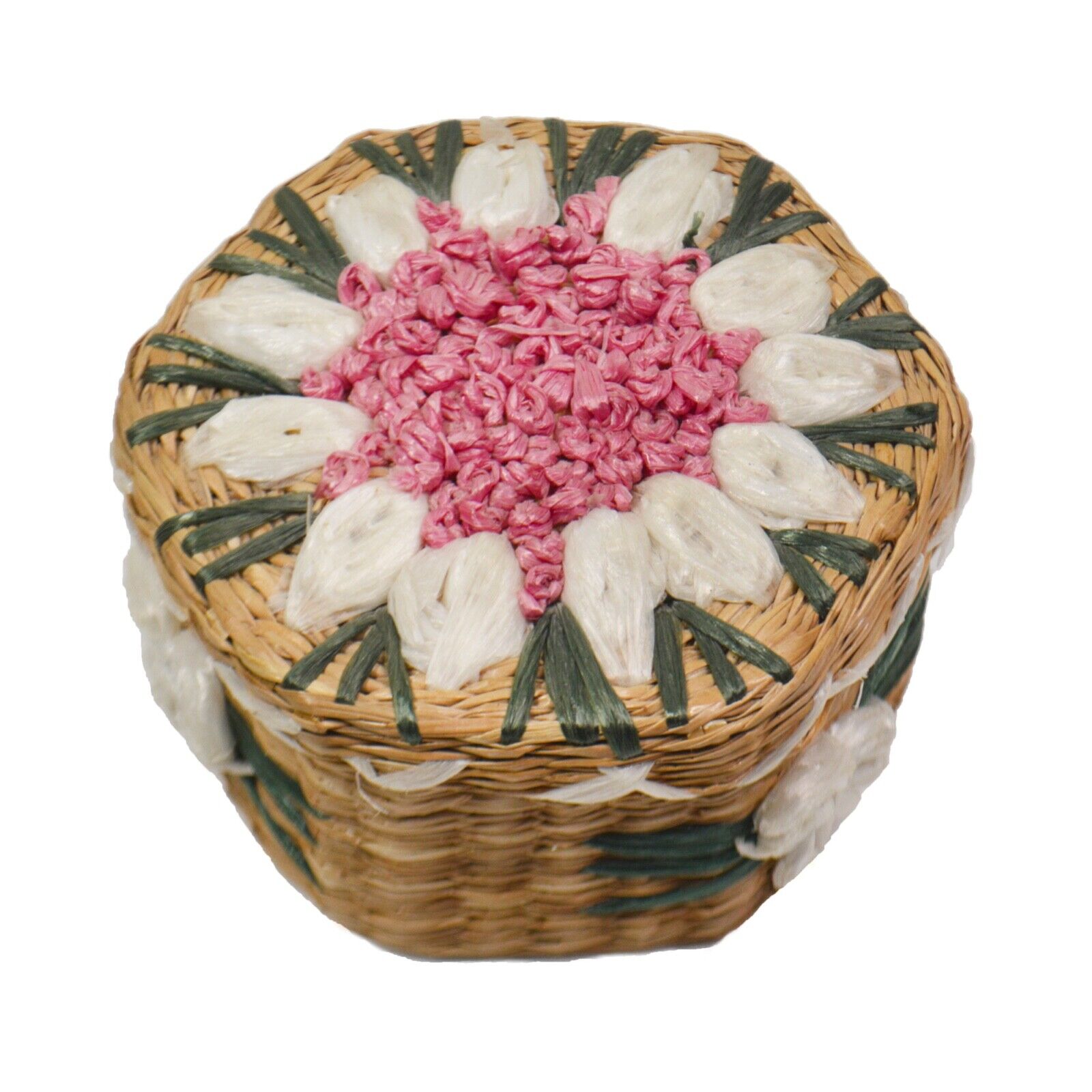 VTG Woven Natural Straw Basket Lid Embroidered Pink White Raffia Flowers Hexagon