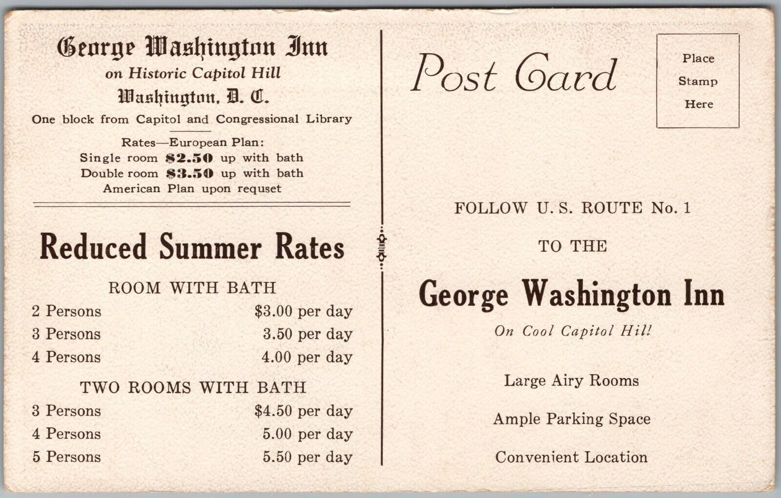 George Washington Inn Washington DC Advertising Room Rates Postcard E510