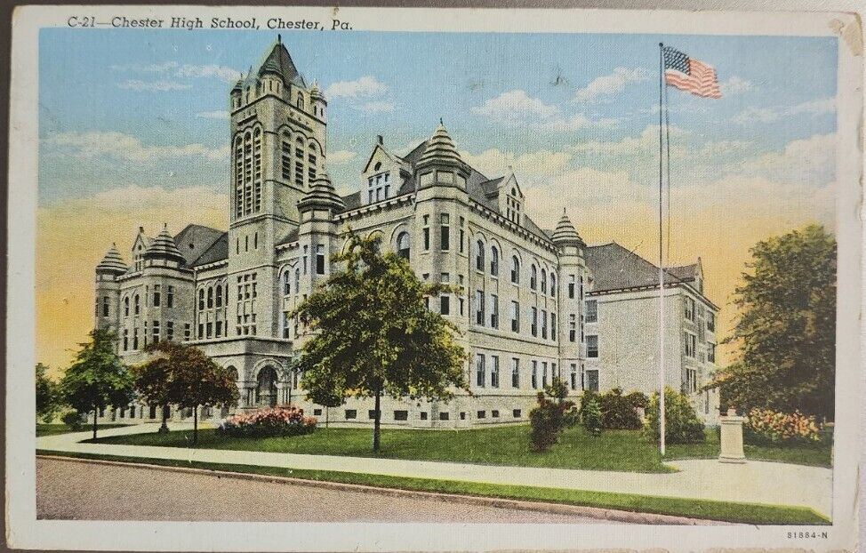 Vtg Chester Pennsylvania PA Chester High School 1930s Unused Linen Postcard