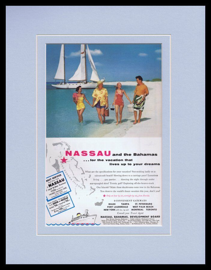 1960s Nassau Bahamas Tourism Framed 11x14 ORIGINAL Vintage Advertisement