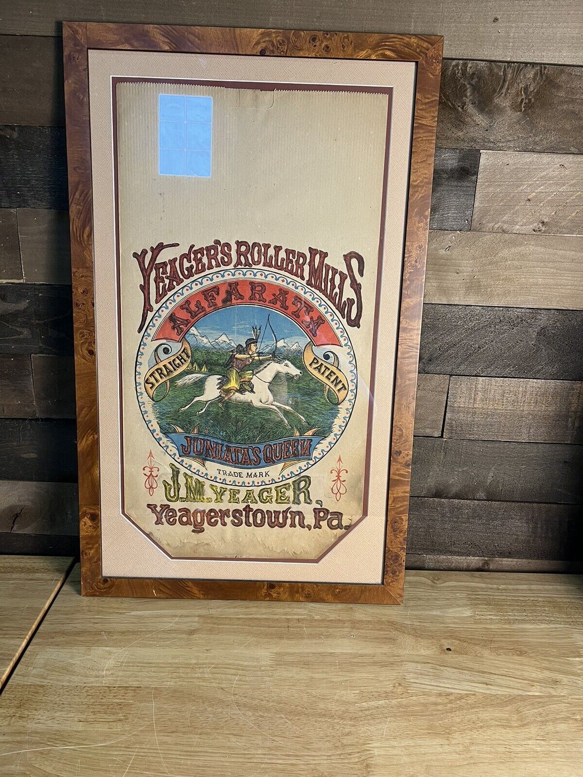 Antique Yeager Roller Mills Flour Bag, Native American, American West IN FRAME 